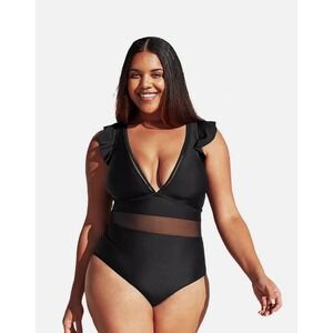 Cupshe Women's Black One Piece Swimsuit Ruffle V-Neck Mesh Waist 1X NEW